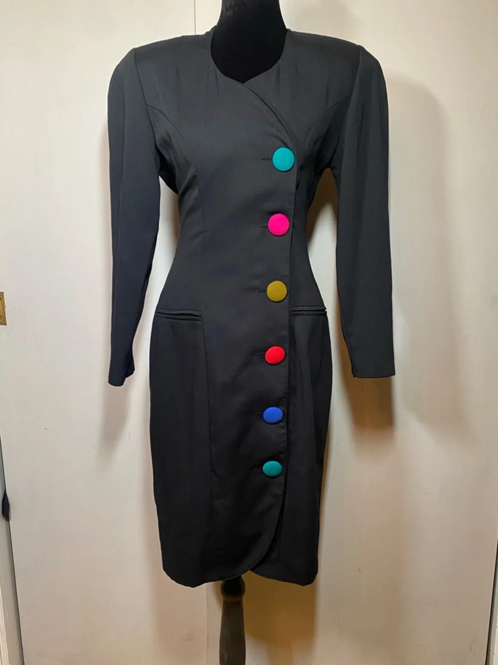 Susan Bennet vintage Black Sheath Dress with Multicolor Accent Buttons - Picture 1 of 3